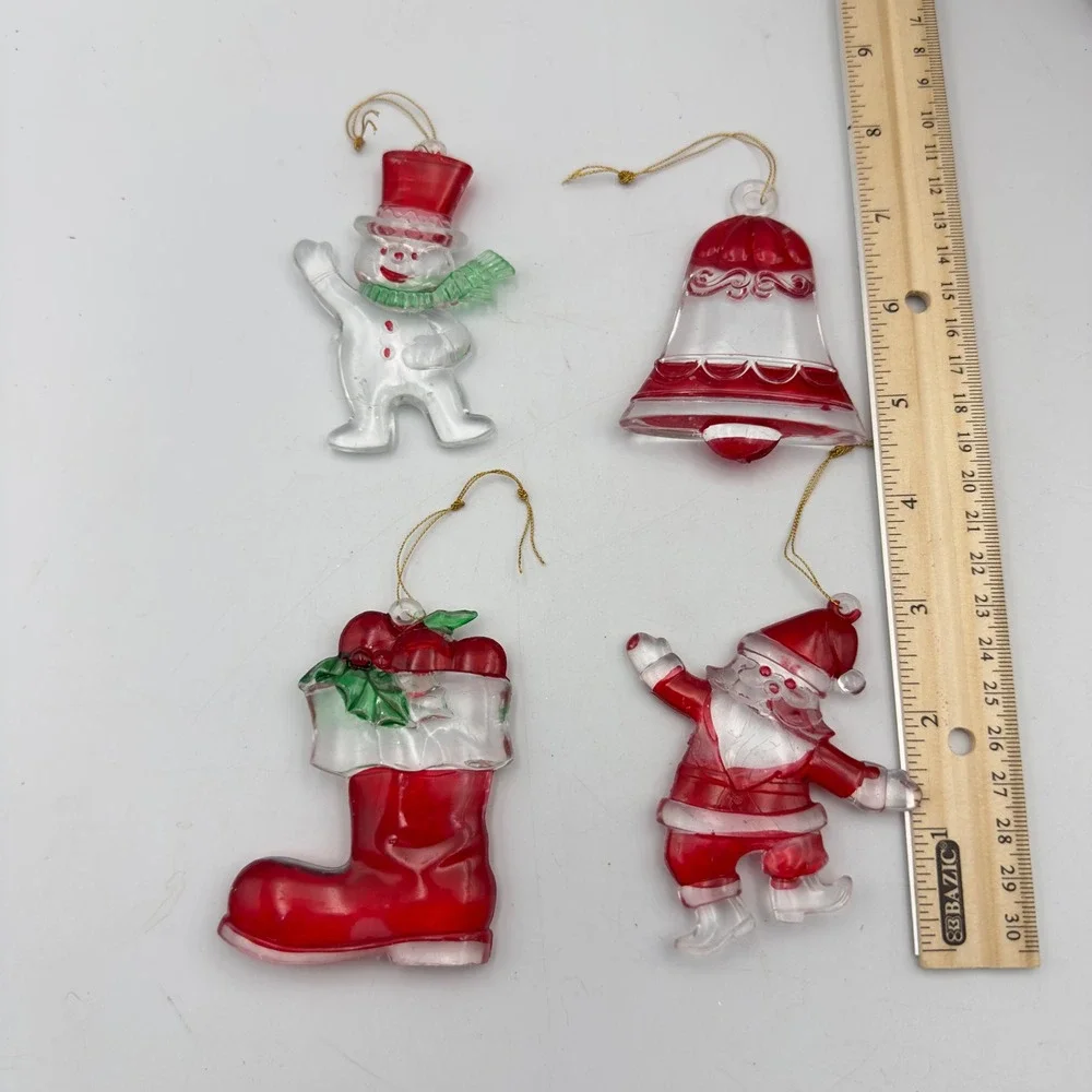 Vintage Clear Red Acrylic Christmas Ornaments Set 4 Santa‎ Snowman Bell Stocking